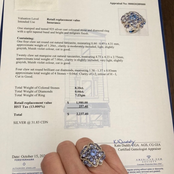 💍Host Pick💍Tanzanite & Diamond & silver ring, see appraisal - Picture 2 of 5